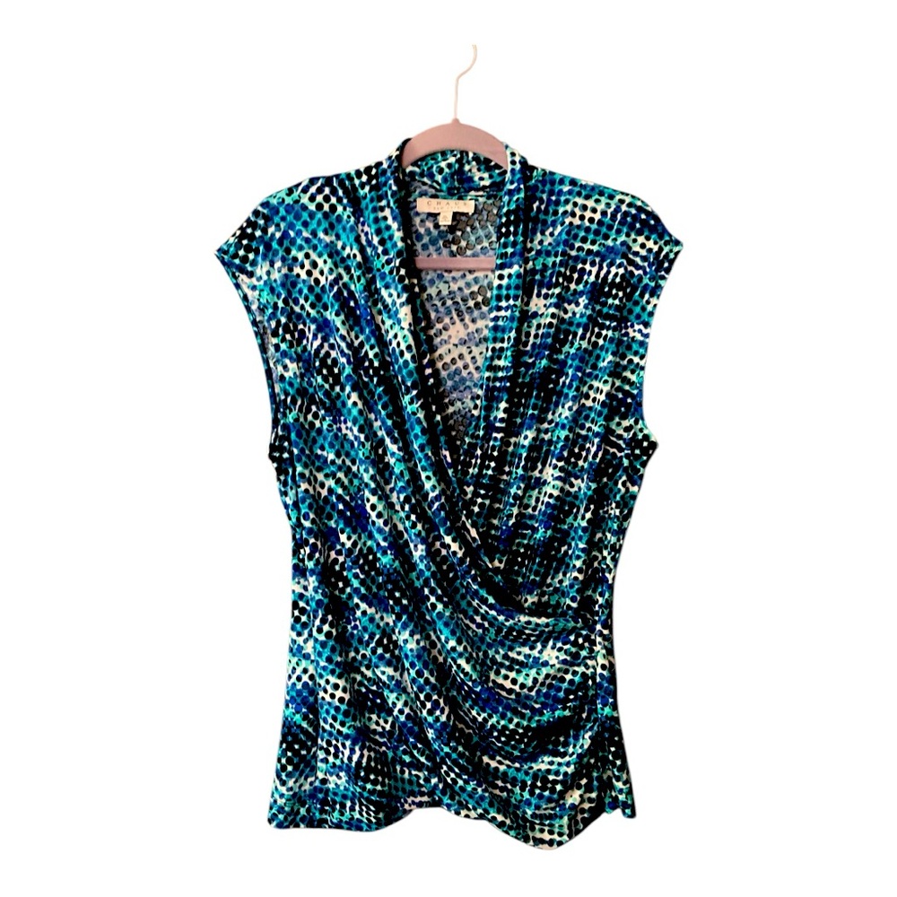 CHAUS Blue & White Faux Wrap Front Blouse Pre-Owned Size XL